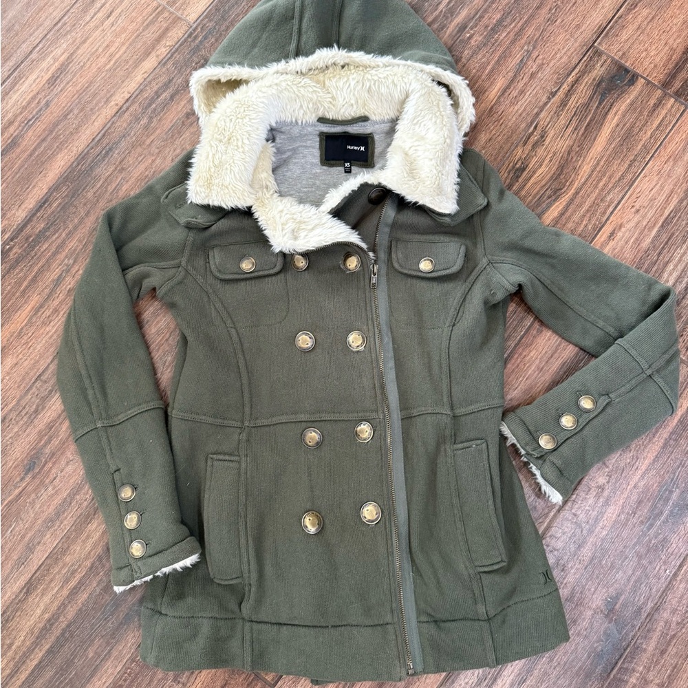 Hurley Olive Pea Coat with Faux Fur Trim
